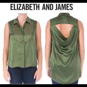 Elizabeth and James Womens Misaki Green Silk Button-Down Top Blouse M
